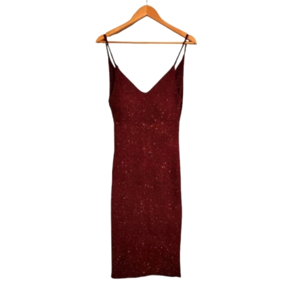 Crimson Red Midi Sparkle Dress spaghetti Straps and Open Back